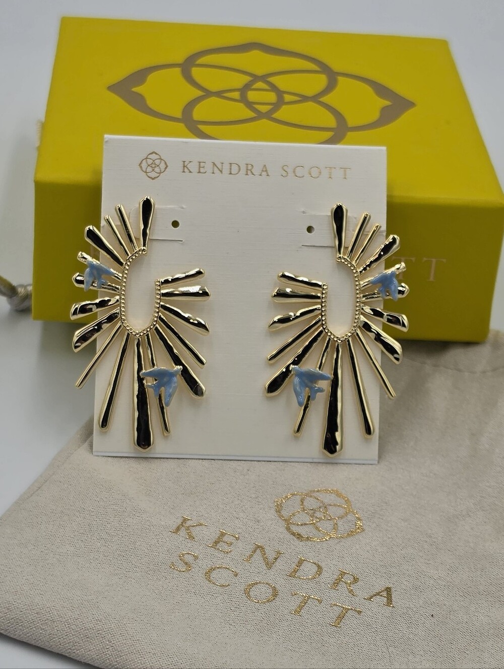 Kendra Scott Melody Bird Gold Blue Enamel Hoop Earrings New